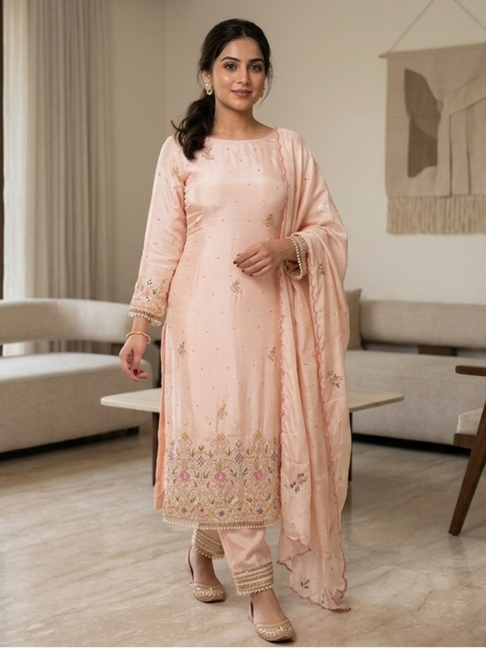 Pastel Pink Embroidered 3-Piece Ethnic Set with Floral Sequin Detail